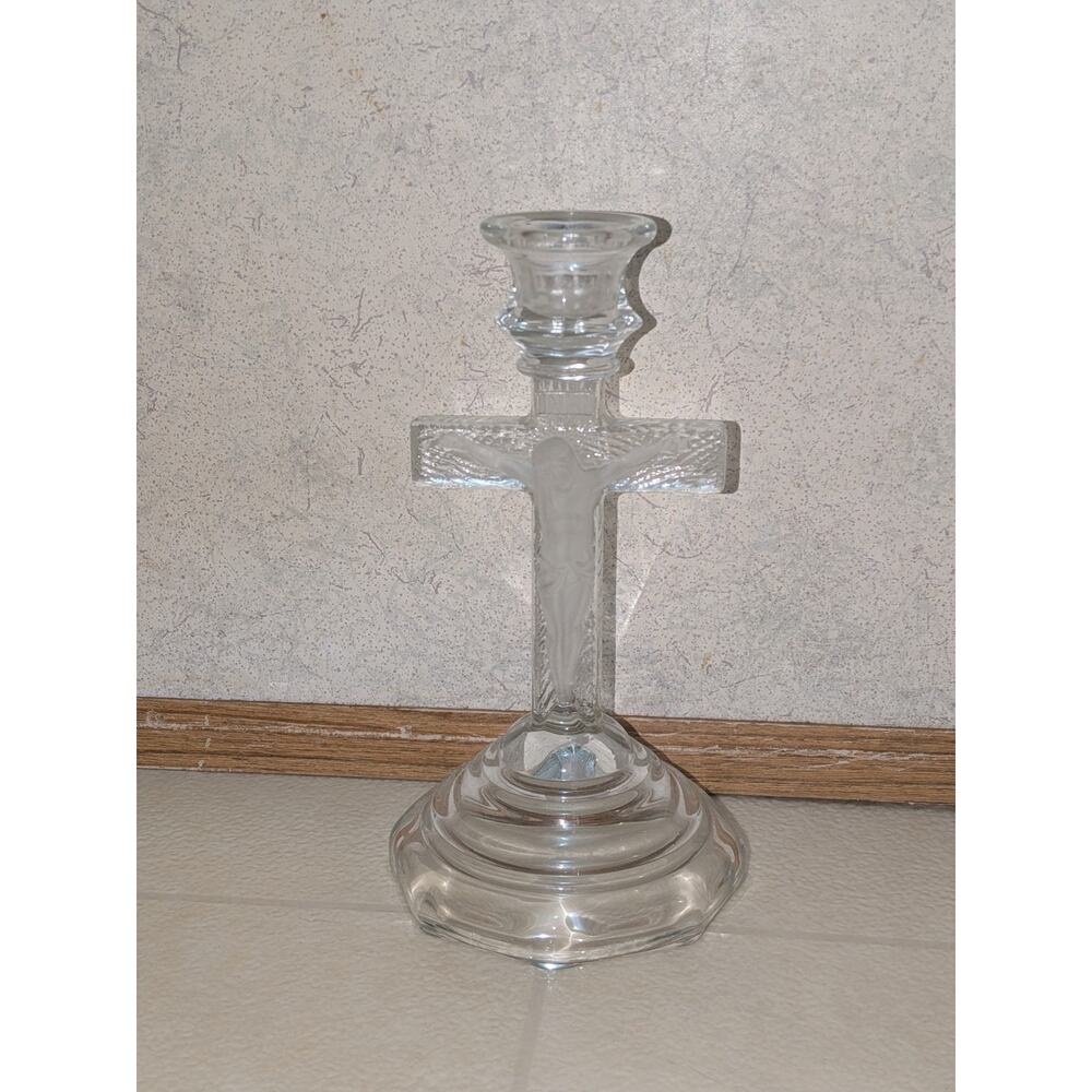 VTG Glass Crucifix Jesus Cross Catholic Candlestick Holder